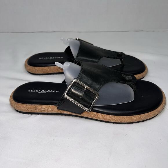 Kelsi Dagger Brooklyn Sandals Womens Size 9.5 Black Leather Buckle Thong Casual - Picture 3 of 14
